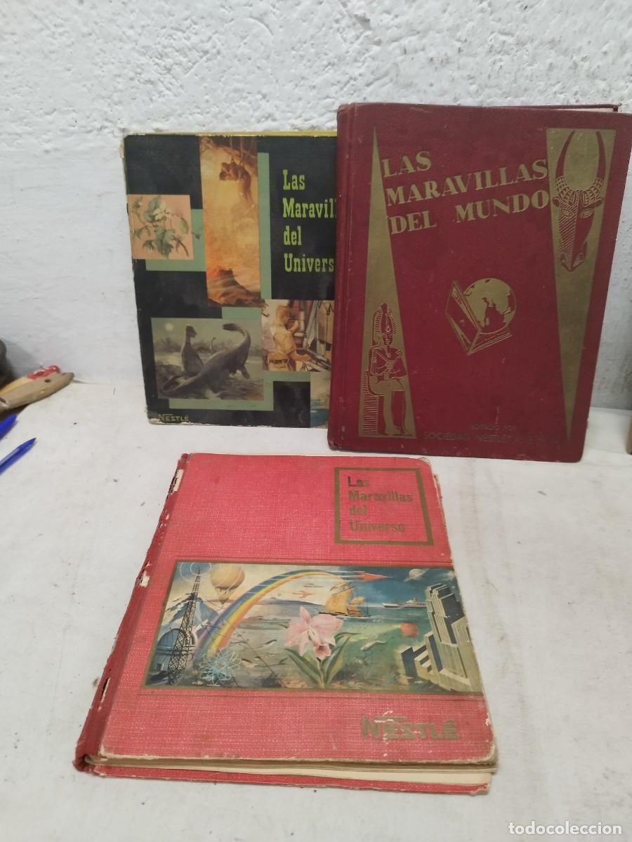 Coleccionismo &Aacute;lbum: Lote de 3 albumes de cromos. Rojo incompleto, 2 maravillas del universo y 1 maravillas del mundo.