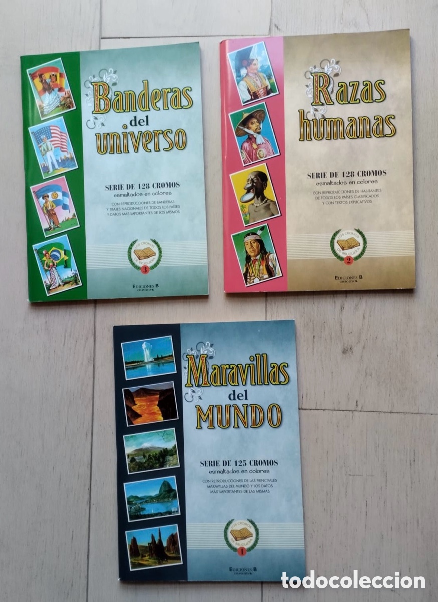 Coleccionismo &aacute;lbum: Maravillas del mundo, Razas humanas y Banderas del universo. 3 &aacute;lbumes de cromos completos