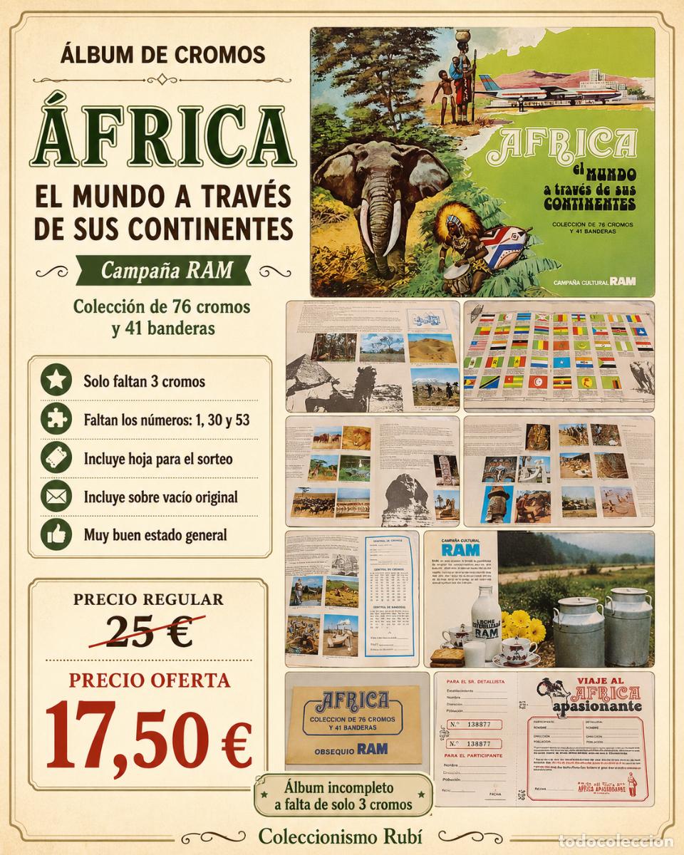 Coleccionismo &aacute;lbumes: &Aacute;LBUM &Aacute;FRICA | CAMPA&Ntilde;A CULTURAL RAM | CASI COMPLETO | 73 CROMOS + 41 BANDERAS | A&Ntilde;O 1970