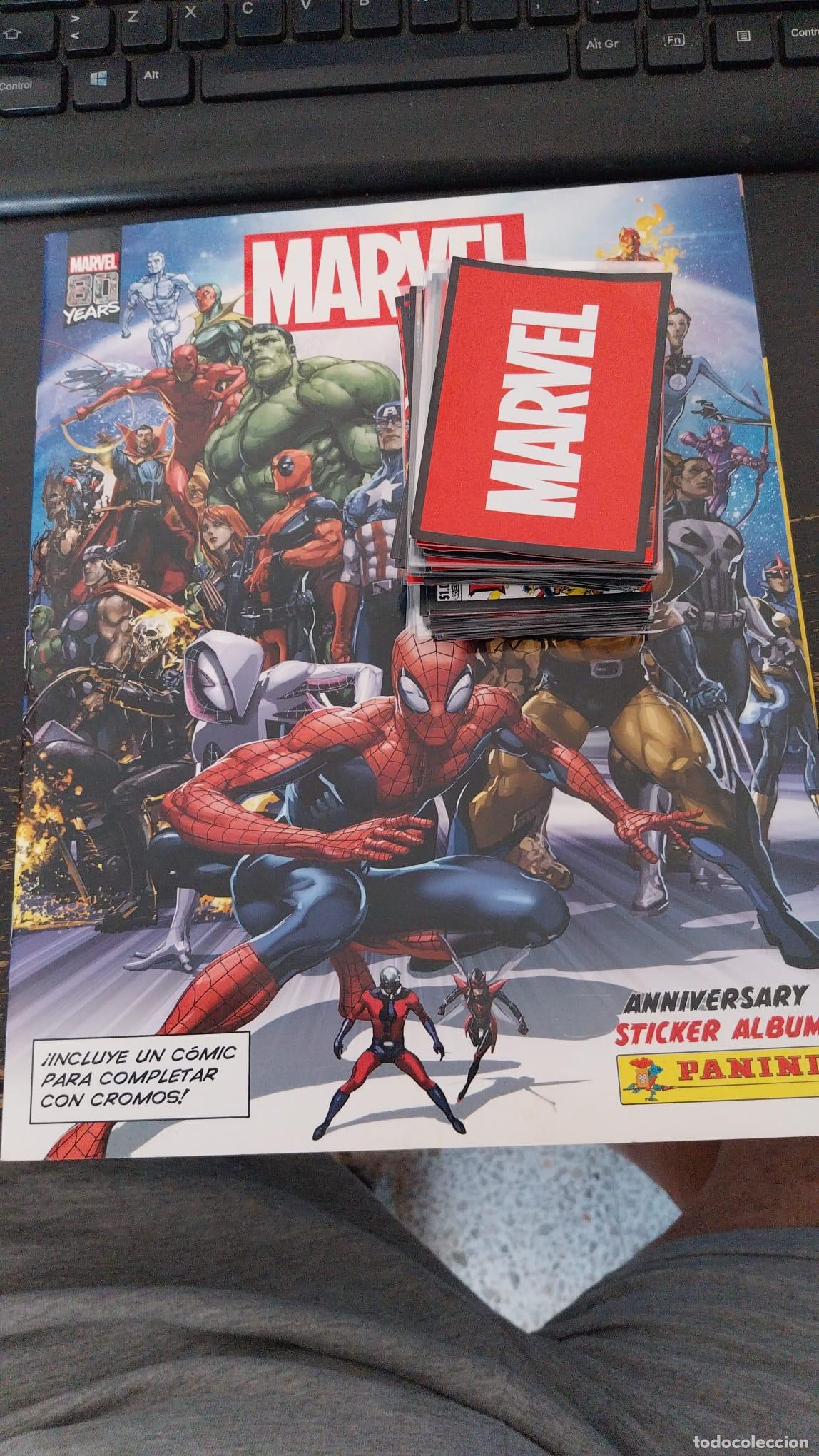 Coleccionismo &aacute;lbumes: ALBUM vacio MARVEL 80 YEARS ANNIVERSARY STICKER ALBUM con 178 cromos de 192 sin pegar PANINI