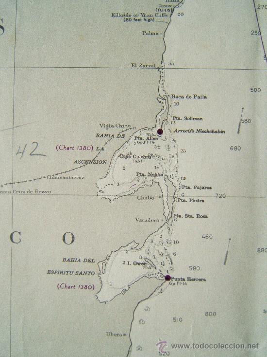 Antigüedades: YUCATAN CHANNEL AND APPROACHES - NORTH AMERICA - CARTA MARINA - 104X81 CM. - 1886 -1947. - Foto 4 - 36443414