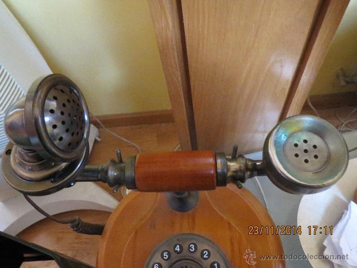 Tel&eacute;fonos: TELEFONO DE MADERA Y METAL DE TROMPETA, - Foto 2