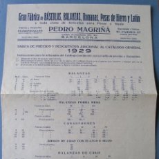 Antigüedades: HOJA TARIFA PRECIOS Y DESCUENTOS FABRICA DE BASCULAS, BALANZAS, ROMANAS..., PEDRO MAGRIÑA, 1929