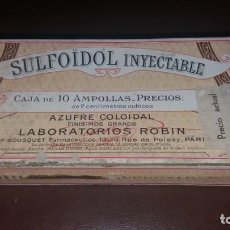 Antigüedades: ANTIGUA CAJA PRECINTADA DE AMPOLLAS LABORATORIOS ROBIN BOUSQUET SULFOIDOL INYECTABLE MEDICAMENTO. Lote 161601014