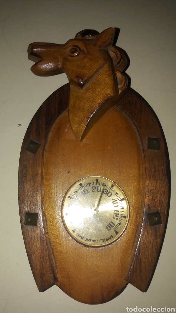 Antig&uuml;edades: Term&oacute;metro celcius caballo madera - Foto 1