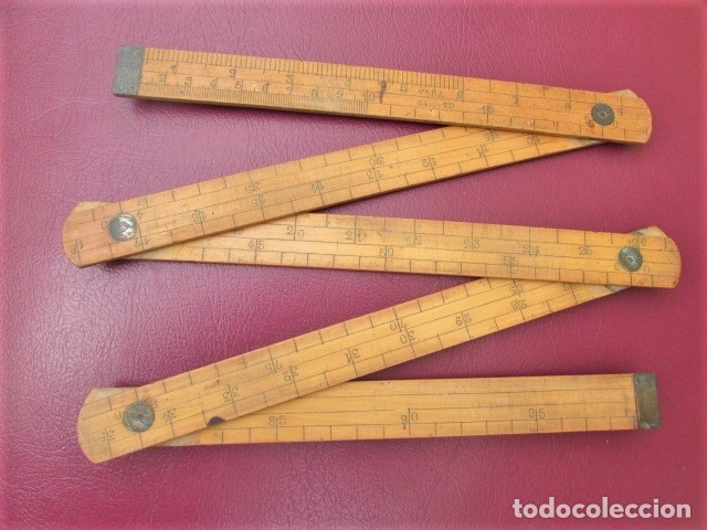 Antig&uuml;edades: ANTIGUA REGLA INGLESA PLEGABLE DE MADERA Y BRONCE - Foto 2