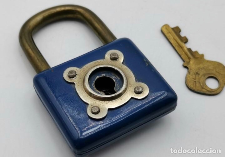 Antigüedades: Antiguo candado con llave 7 cm hierro azul - Foto 11 - 298303083