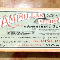 Antiquités: CAJA AMPOLLAS ANESTESIA LOCAL. ANESTESOL SENY, 1927. COMPLETA, PERFECTO ESTADO. Lote 304189428