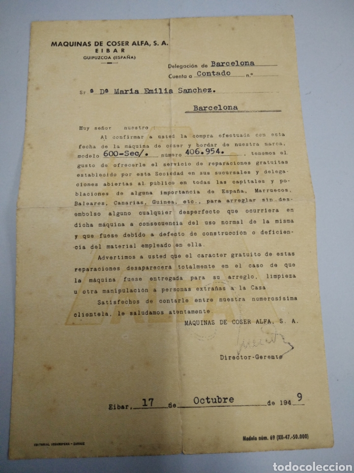 Antig&uuml;edades: Documento Maquinas de coser Alfa 1949 - Foto 1
