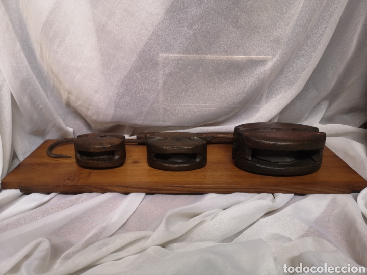 Antig&uuml;edades: Cuadro poleas antiguas madera barco y gancho - Foto 5