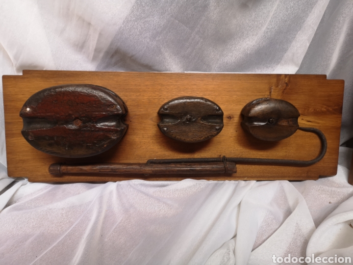 Antig&uuml;edades: Cuadro poleas antiguas madera barco y gancho - Foto 1