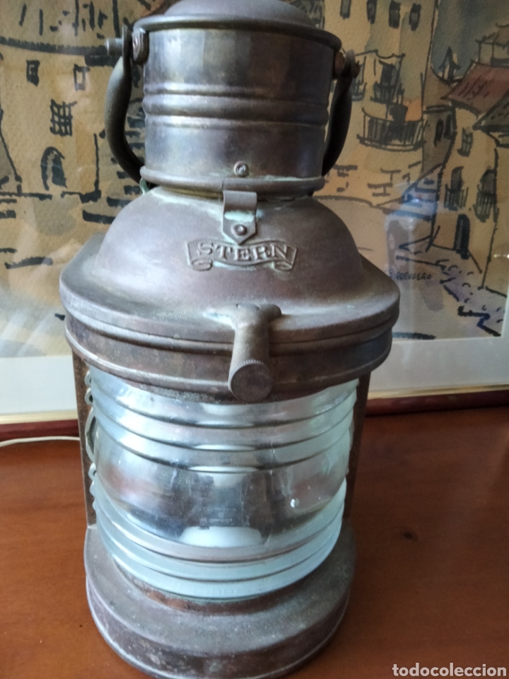 Antiques: Antiguo farol naval de bronce marcado Stern mide 29,5 cm de altura