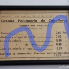 Antigüedades: LISTA DE PRECIOS GREMIO PELUQUERÍA DE CABALLERO 1959. Lote 361566405