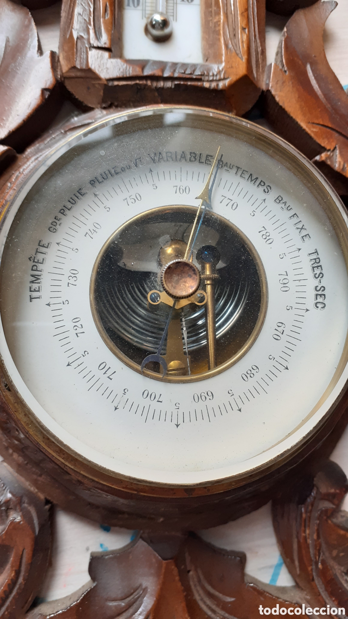 Barometro antigua con termometro de mercurio.