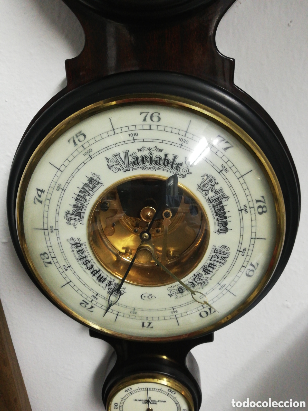 Antig&uuml;edades: Bar&oacute;metro con Term&oacute;metro, Higr&oacute;metro y Reloj de Pared. - Foto 3