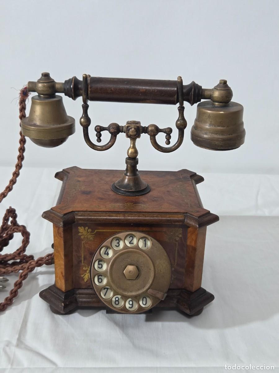 Tel&eacute;fonos: Tel&eacute;fono Telcer de madera, incrustaciones de bronce - Foto 2