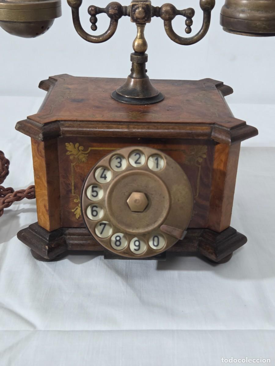 Tel&eacute;fonos: Tel&eacute;fono Telcer de madera, incrustaciones de bronce - Foto 3