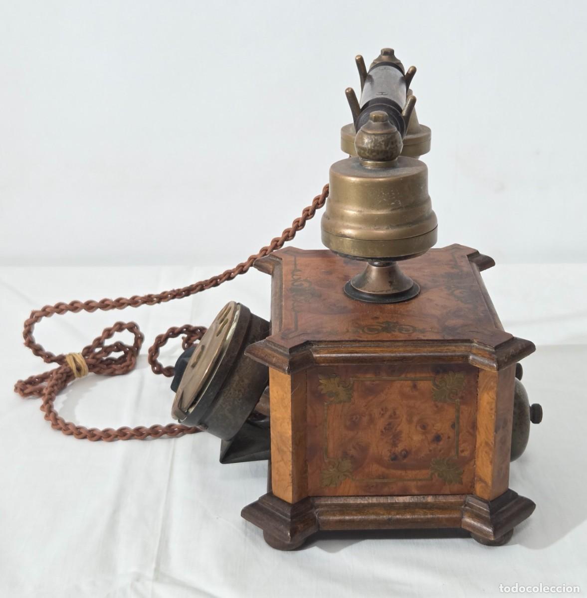 Tel&eacute;fonos: Tel&eacute;fono Telcer de madera, incrustaciones de bronce - Foto 4