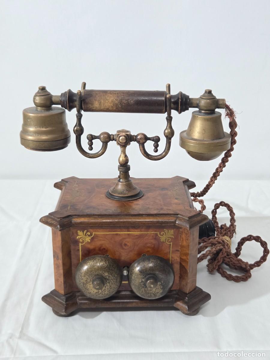Tel&eacute;fonos: Tel&eacute;fono Telcer de madera, incrustaciones de bronce - Foto 5