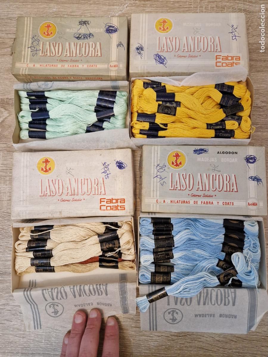 Antig&uuml;edades: lote 4 Antigua Caja Laso Ancora Hilaturas Fabra Y Coats colores Barcelona Madejas Bordar algodon