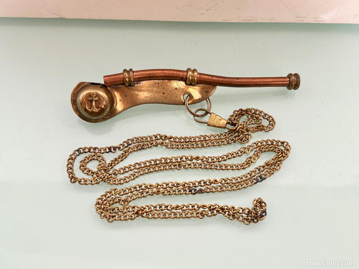 Antig&uuml;edades: ANTIGUO SILBATO DE CONTRAMAESTRE-ALIS 1940-CON CADENA-LAT&Oacute;N/COBRE-MARINO NAVAL