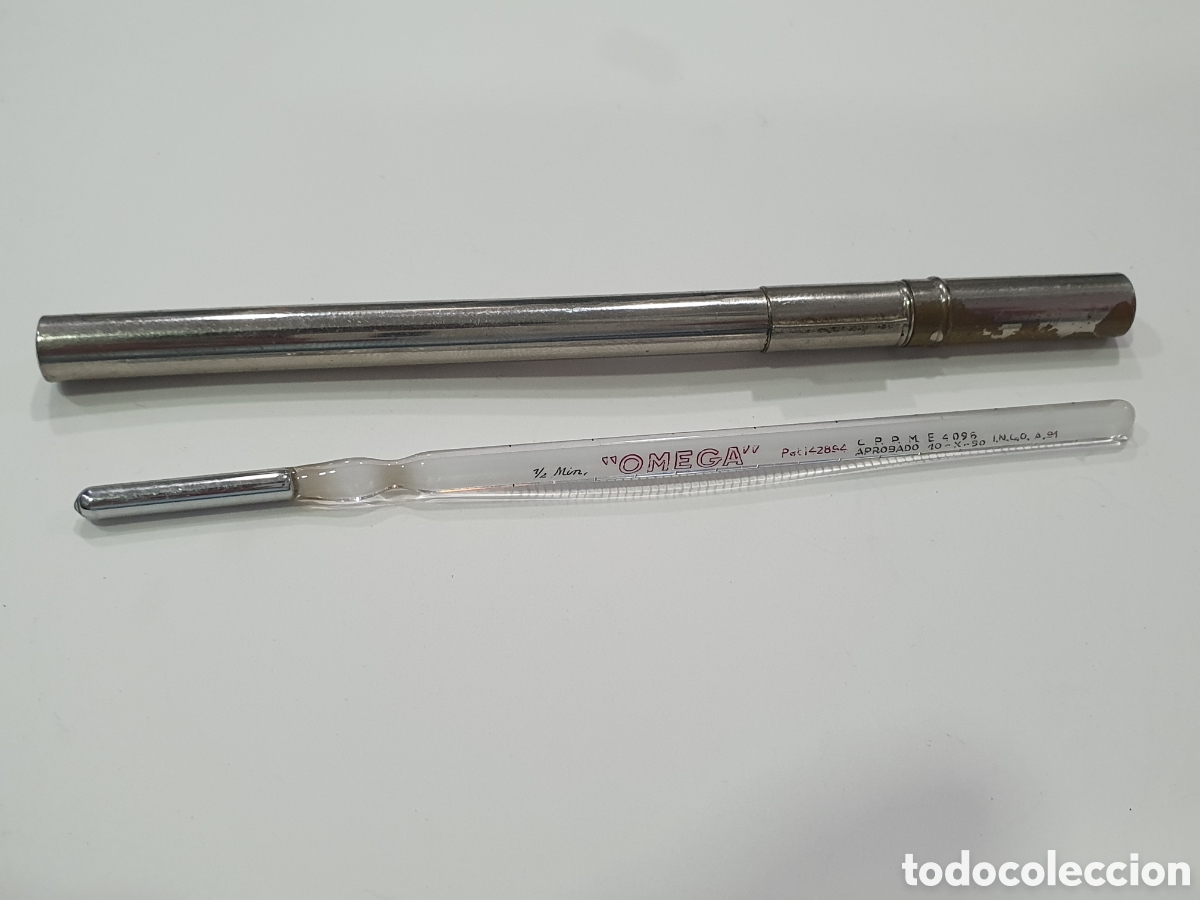 Antiques: Antiguo term&oacute;metro Omega de mercurio. Con funda de metal. (L61)