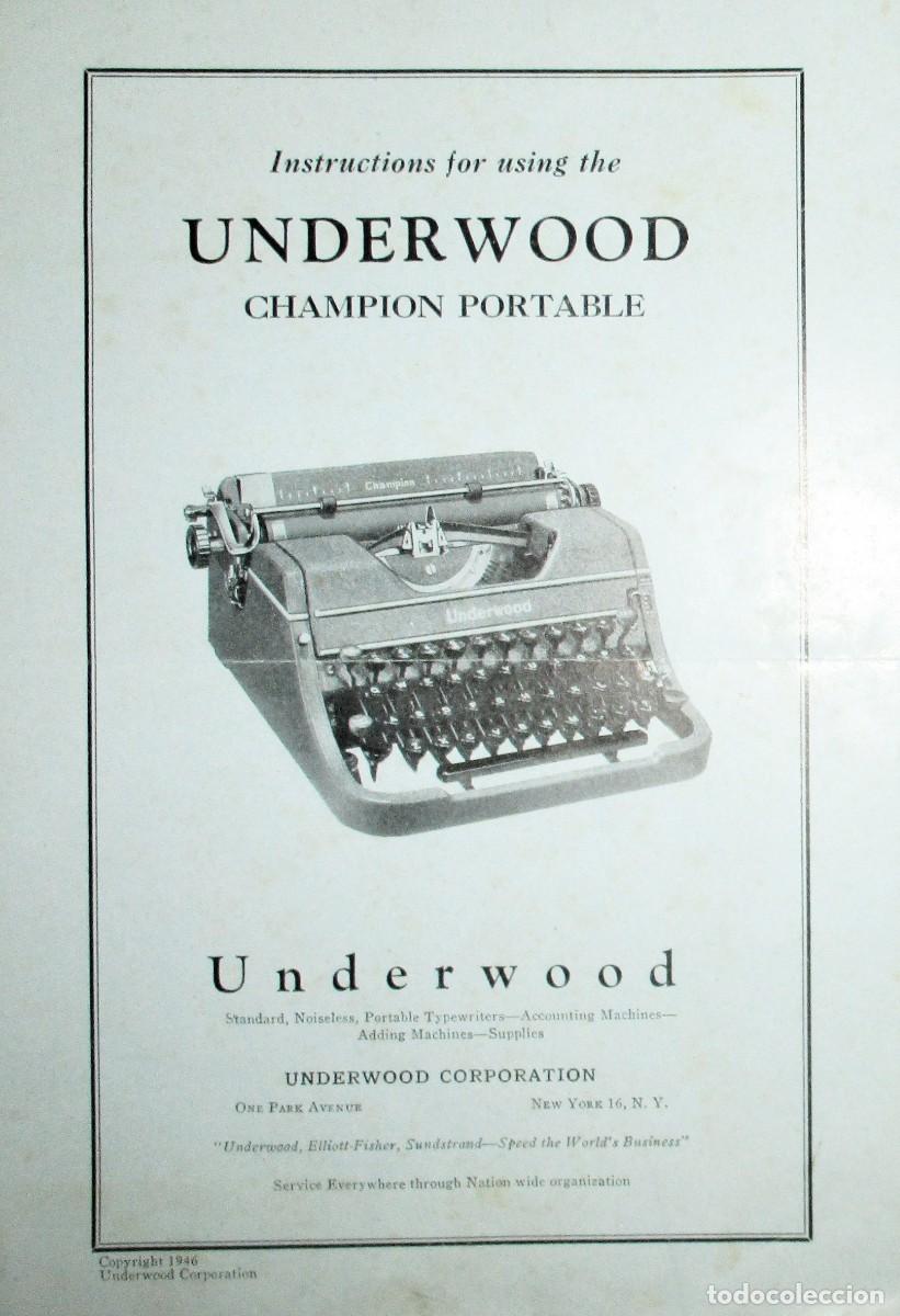 Antiguidades: MANUAL DE USO DE LA M&Aacute;QUINA DE ESCRIBIR UNDERWOOD CHAMPION PORTABLE. EN INGL&Eacute;S. 1946.