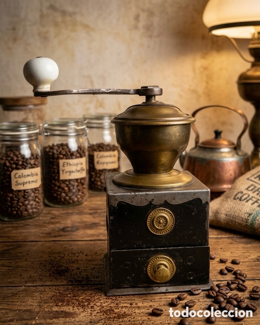 Antig&uuml;edades: Molinillo de caf&eacute; antiguo de metal