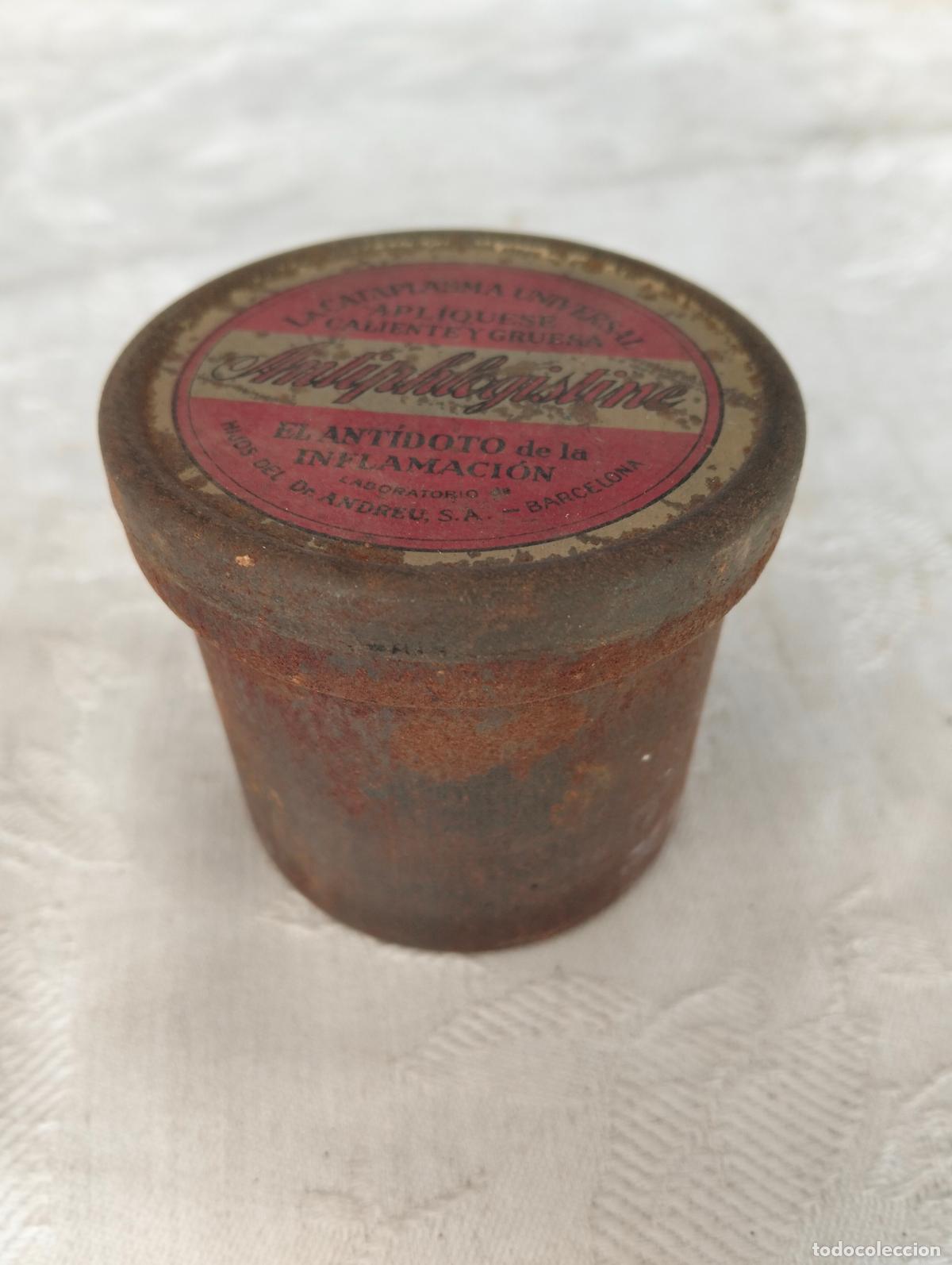 Oggetti Antichi: Lata caja cajita decorativa Anliphlogisline medicamento antiinflamatorio la cataplasma universal