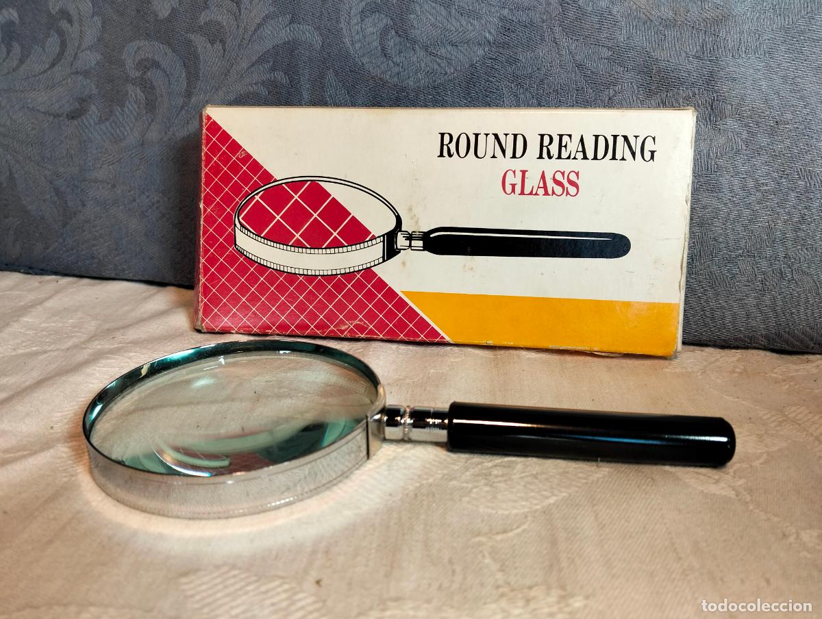 Antig&uuml;edades: Lupa de lectura redonda con mango negro y caja original vintage a&ntilde;os 60-70