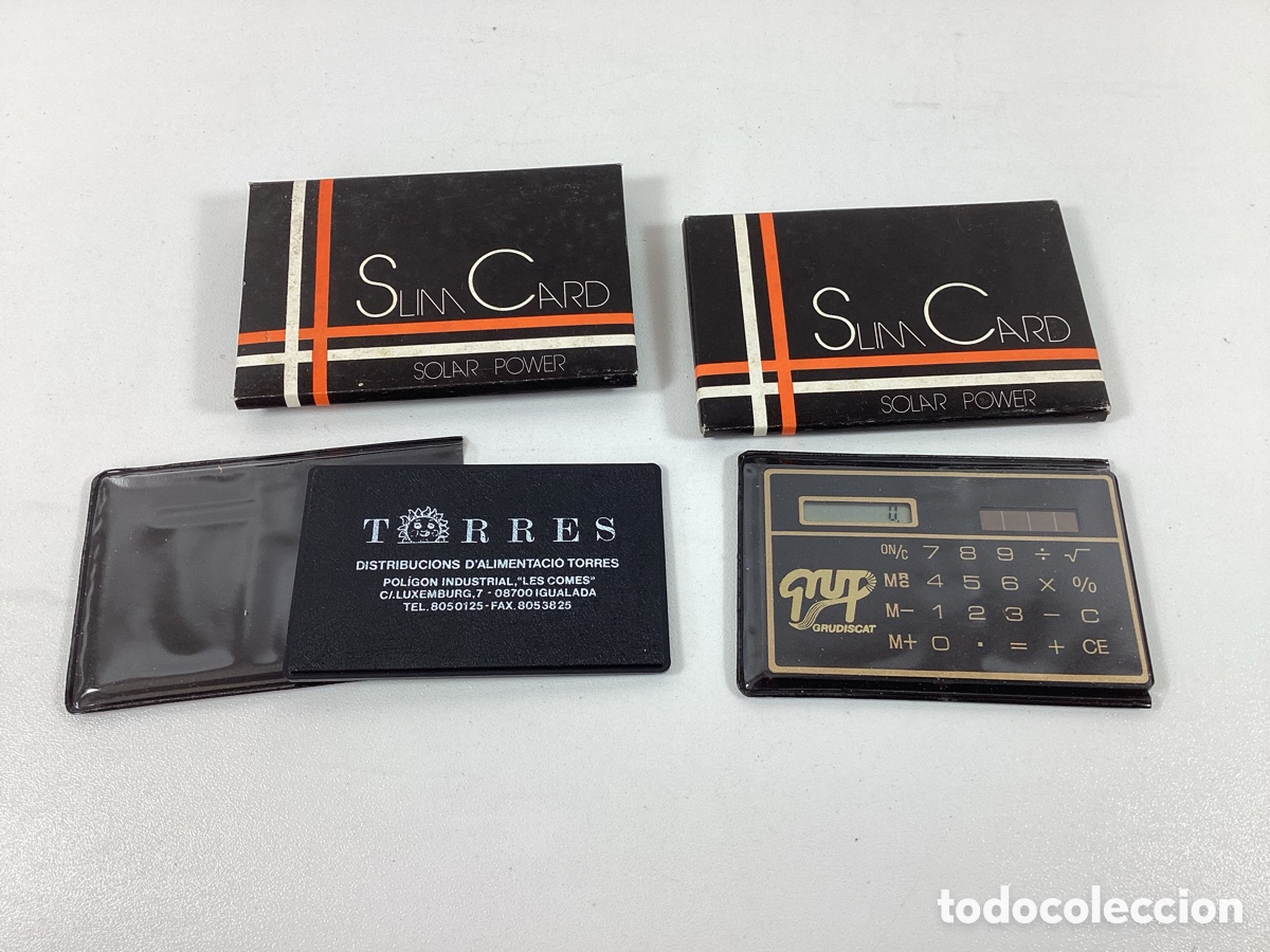 Antig&uuml;edades: Lote 2 calculadoras Slim Card de publicidad Grup Grudiscat Torres Igualada funcionando energia solar