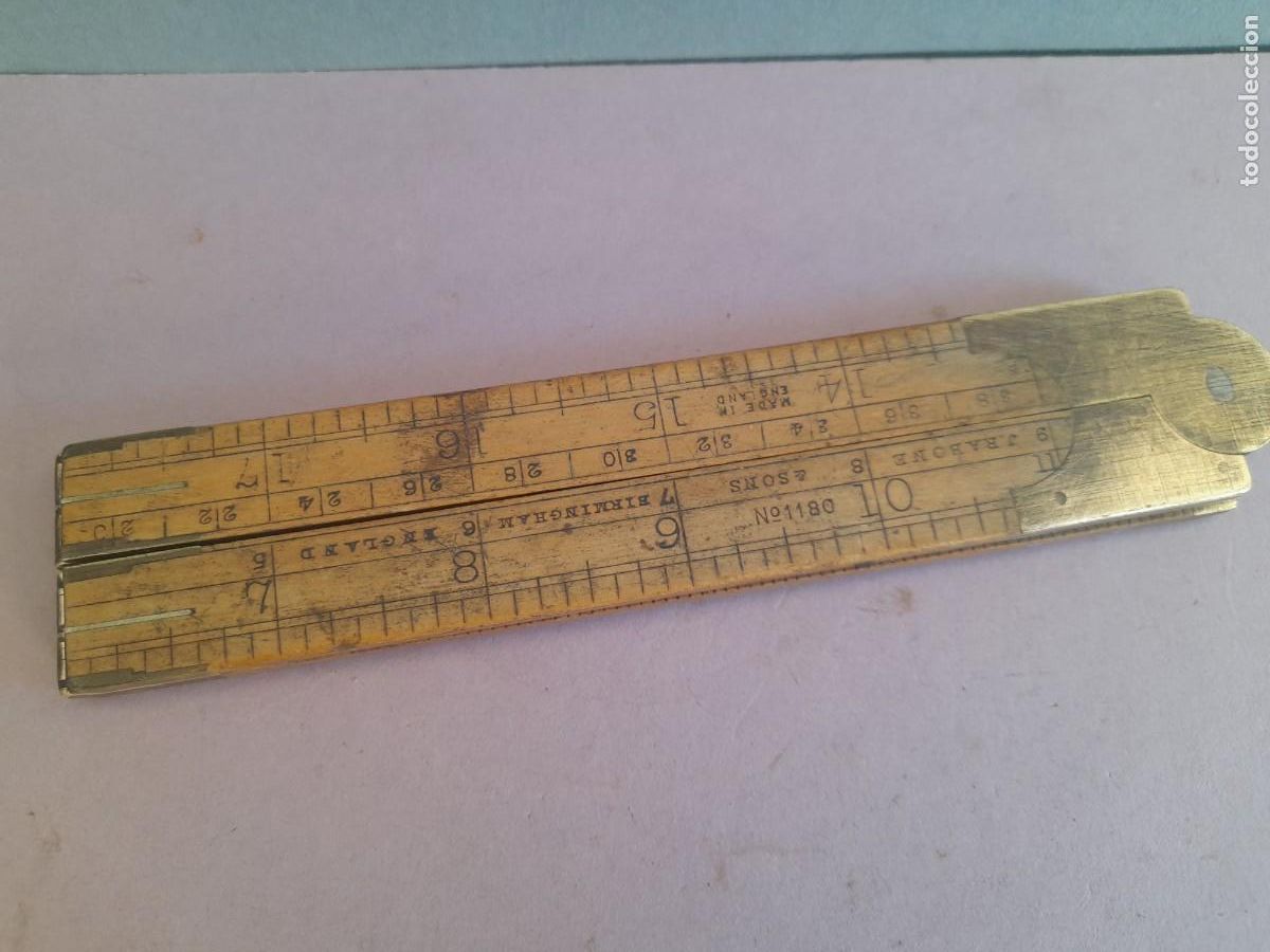 Antig&uuml;edades: regla plegable de madera y laton, rabone n&ordm;1180, hasta 24 pulgadas