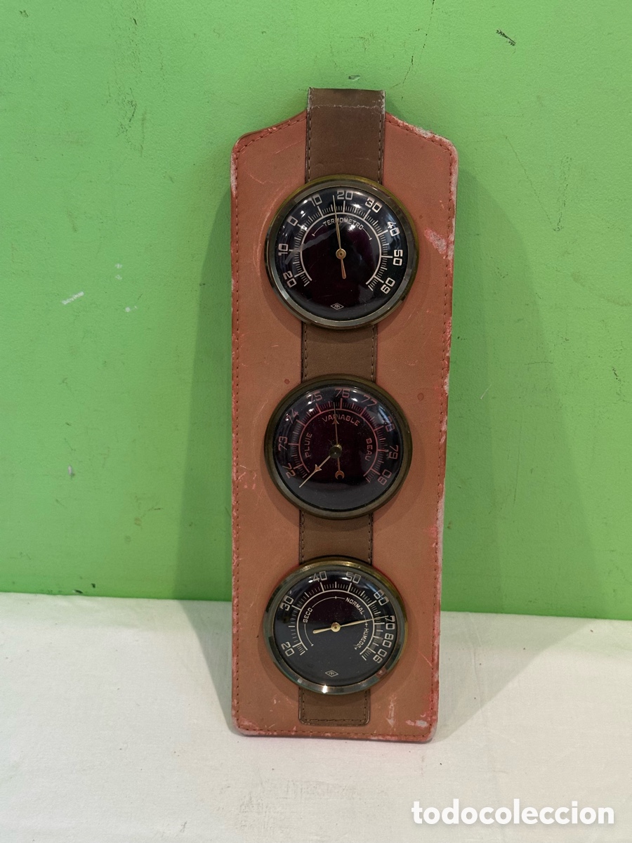 Antig&uuml;edades: Estaci&oacute;n meteorol&oacute;gica vintage de pared term&oacute;metro bar&oacute;metro higr&oacute;metro sobre soporte original