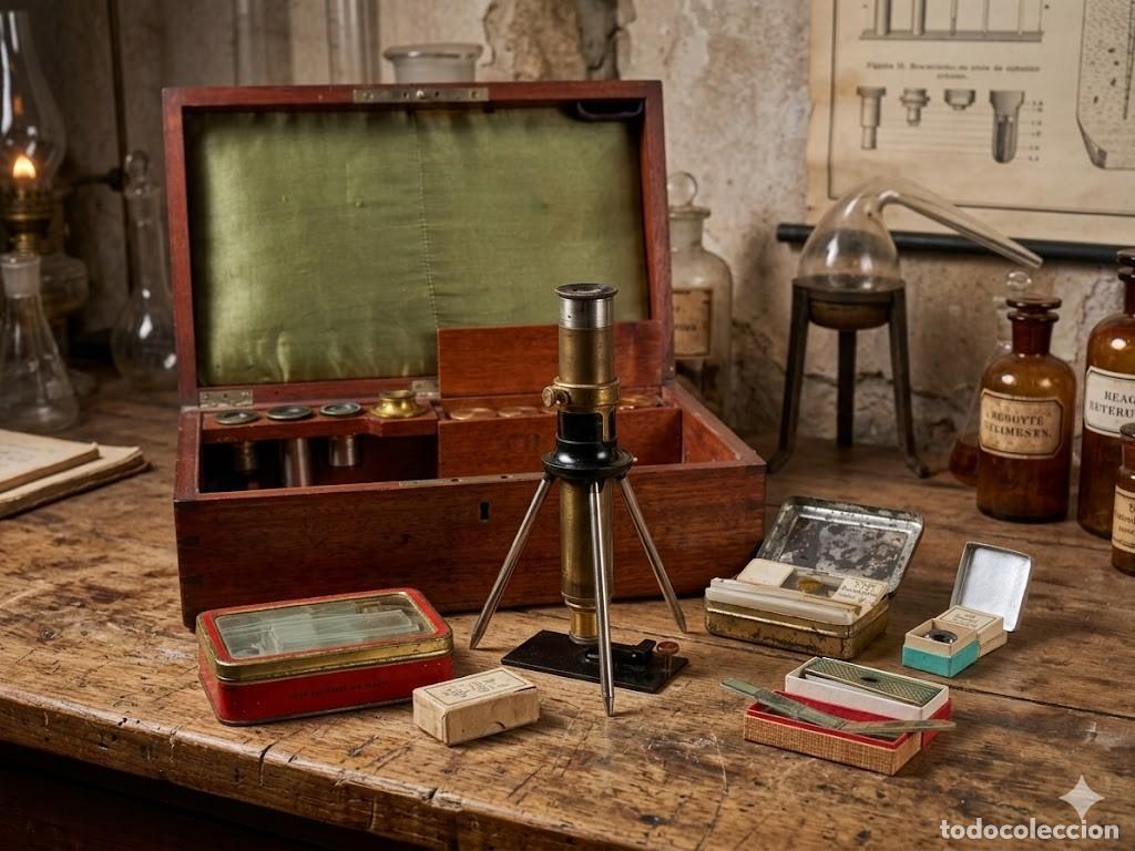 Antig&uuml;edades: Antiguo Microscopio, Siglo XIX con Multiples accesorios. ver fotos y descripcion. Una Joya de Museo.