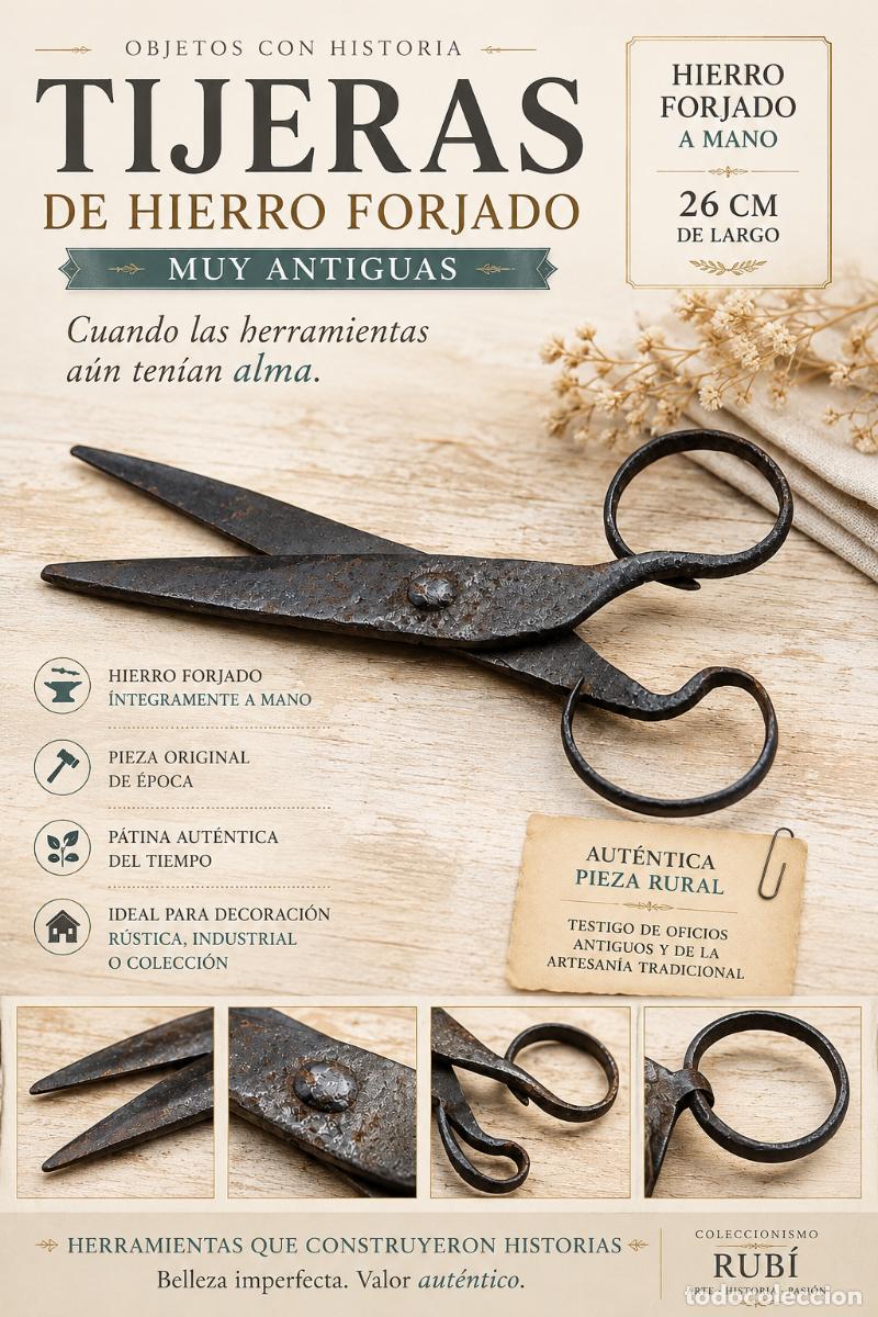 Antig&uuml;edades: ANTIGUAS TIJERAS DE HIERRO FORJADO / PIEZA RURAL ARTESANAL / 26 CM