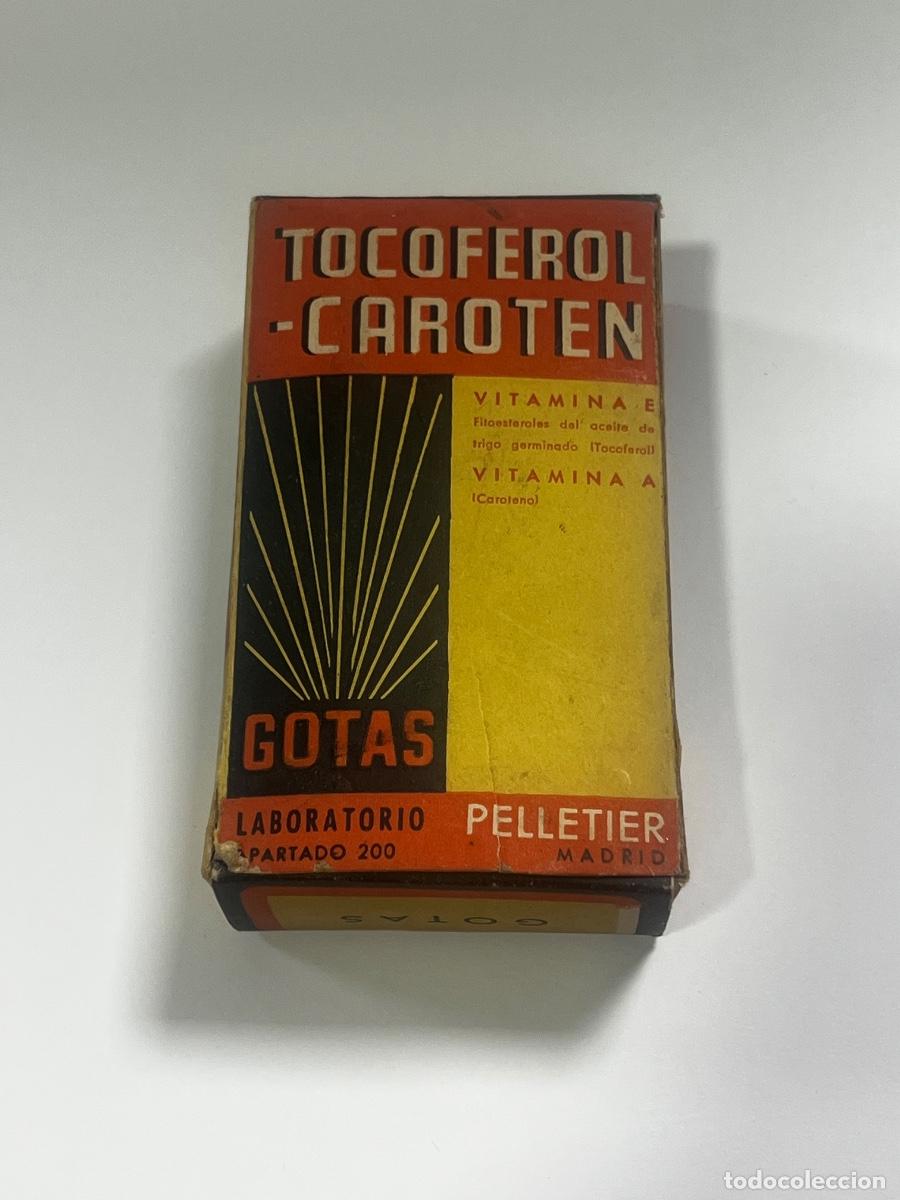 Antig&uuml;edades: TOCOFEROL CAROTEN PELLETIER. SOLUCI&Oacute;N. VITAMINA E. BETACAROTENO. 9,1 X 5,4 X 3 CM