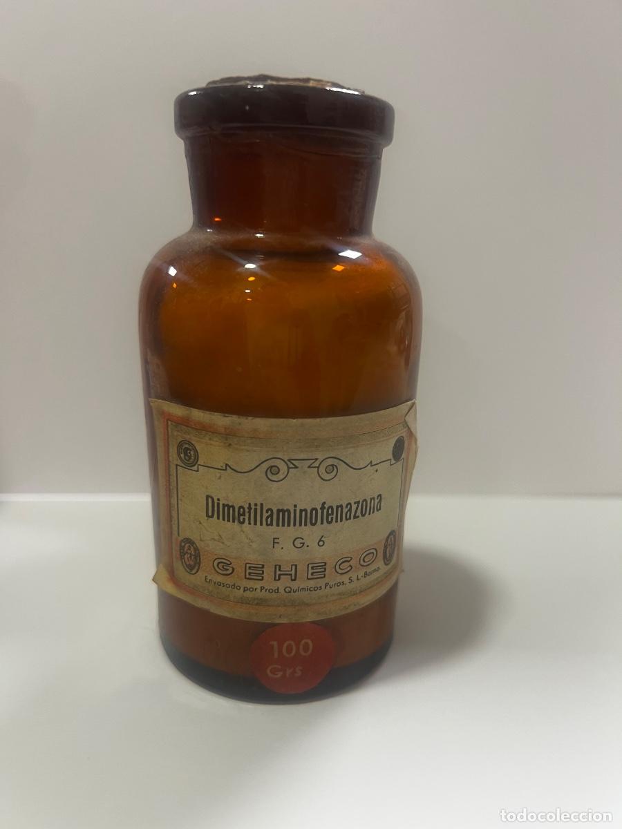 Antig&uuml;edades: FRASCO DE CRISTAL DE MEDICAMENTO DE FARMACIA. DIMETILAMINOFENAZONA. GEHECO. 12 CM.