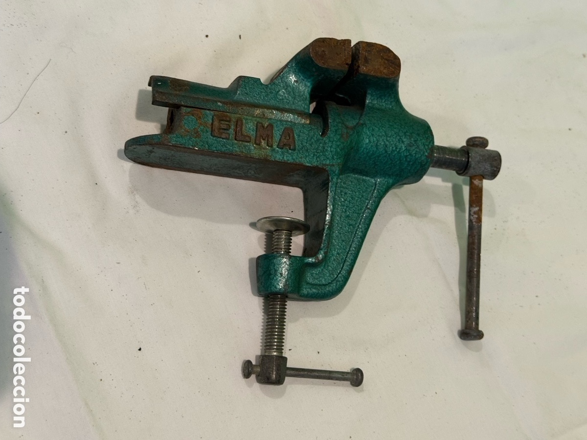 Antiques: Antiguo tornillo de banco ELMA n&ordm; 3 de hierro fundido herramienta industrial original