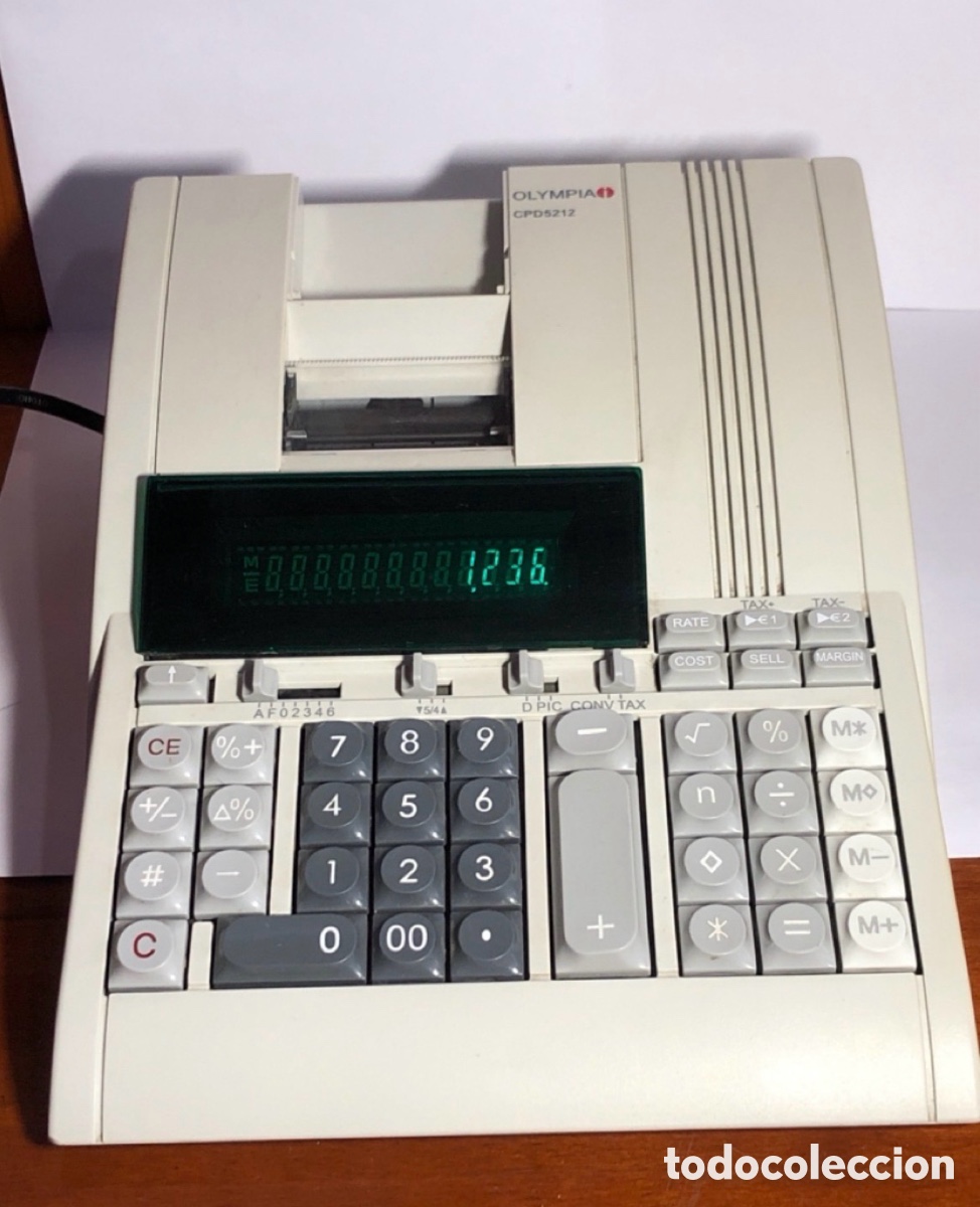 Antiquit&eacute;s: Calculadora de mesa OLYMPIA CPD-5212 funcionando,Le Falta la pieza donde va el papel de impresora