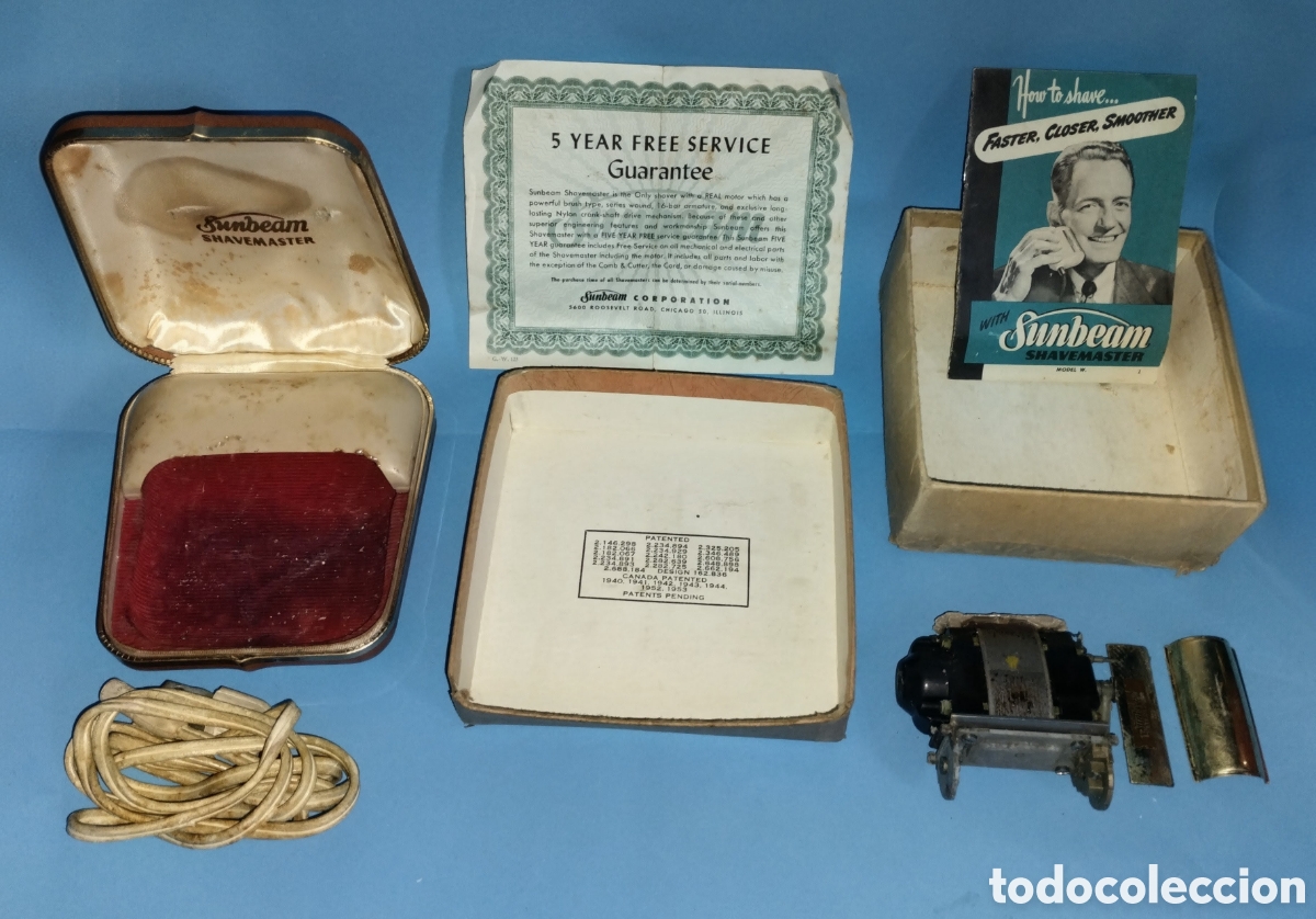 Antiquit&auml;ten: LOTE antigua AFEITADORA EL&Eacute;CTRICA SUNBEAM SHAVEMASTER + ESTUCHE ORIGINAL + INSTRUCCIONES + GARANT&Iacute;A