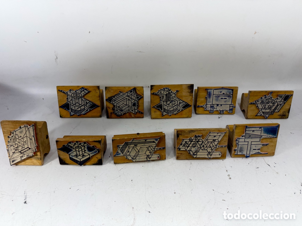 Antig&uuml;edades: Lote 9 antiguos sellos/tampones de dibujo t&eacute;cnico industrial &ndash;