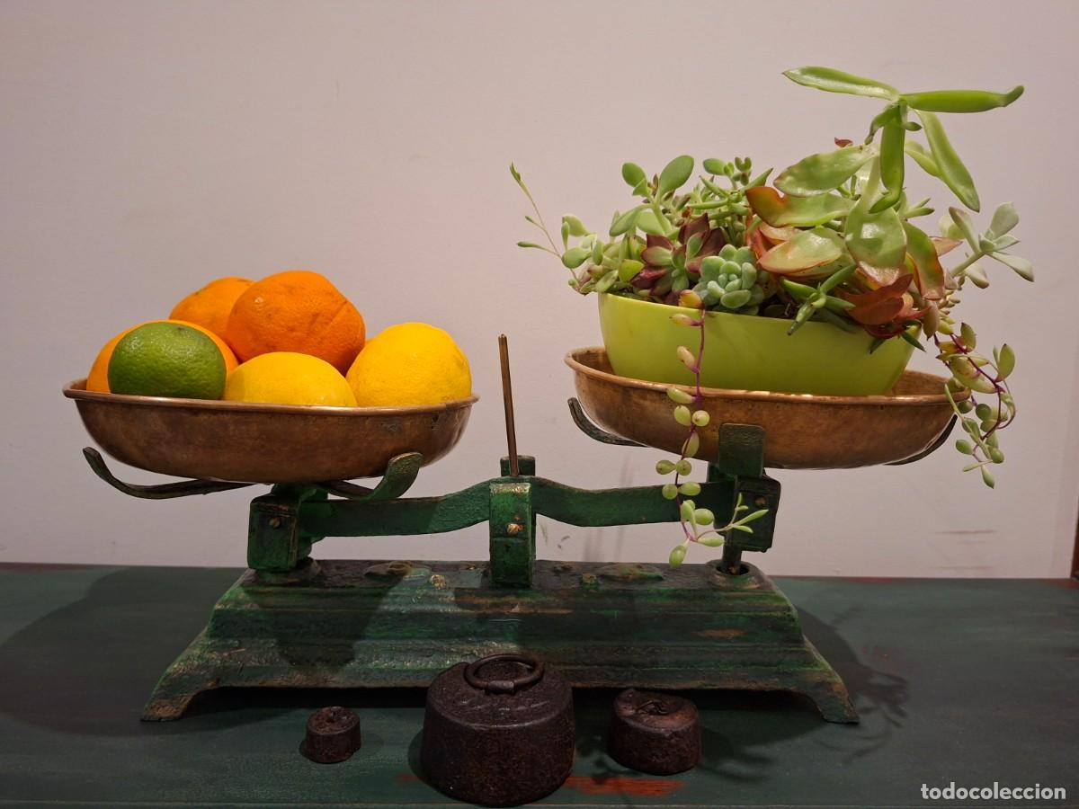 Antig&uuml;edades: Balanza antigua con platos lat&oacute;n y 3 pesas - Decoraci&oacute;n