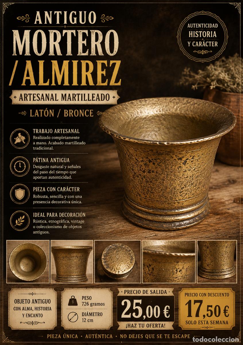 Antiguidades: ANTIGUO MORTERO ARTESANAL MARTILLEADO | LAT&Oacute;N | BRONCE | 12 CM &Oslash;