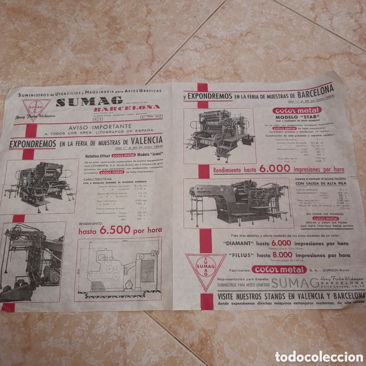 Antig&uuml;edades: Folleto hist&oacute;rico 1953,maquinaria Artes gr&aacute;ficas, Sumag