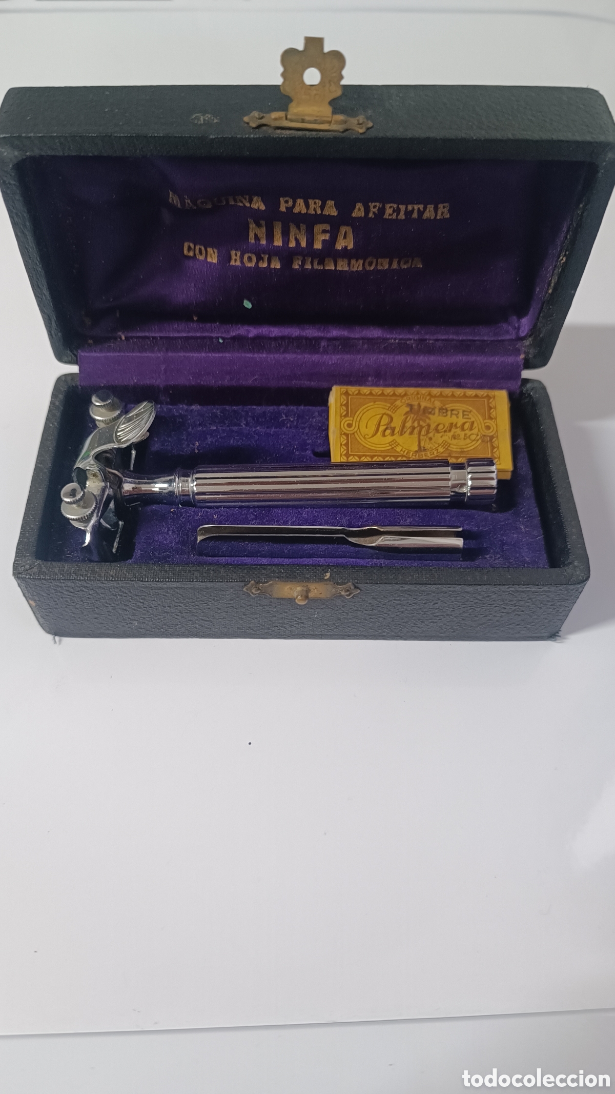 Antig&uuml;edades: Maquinilla de Afeitar Cl&aacute;sica NINFA. Set Completo en Estuche Original + Cuchillas PALMERA. Muy Rara.