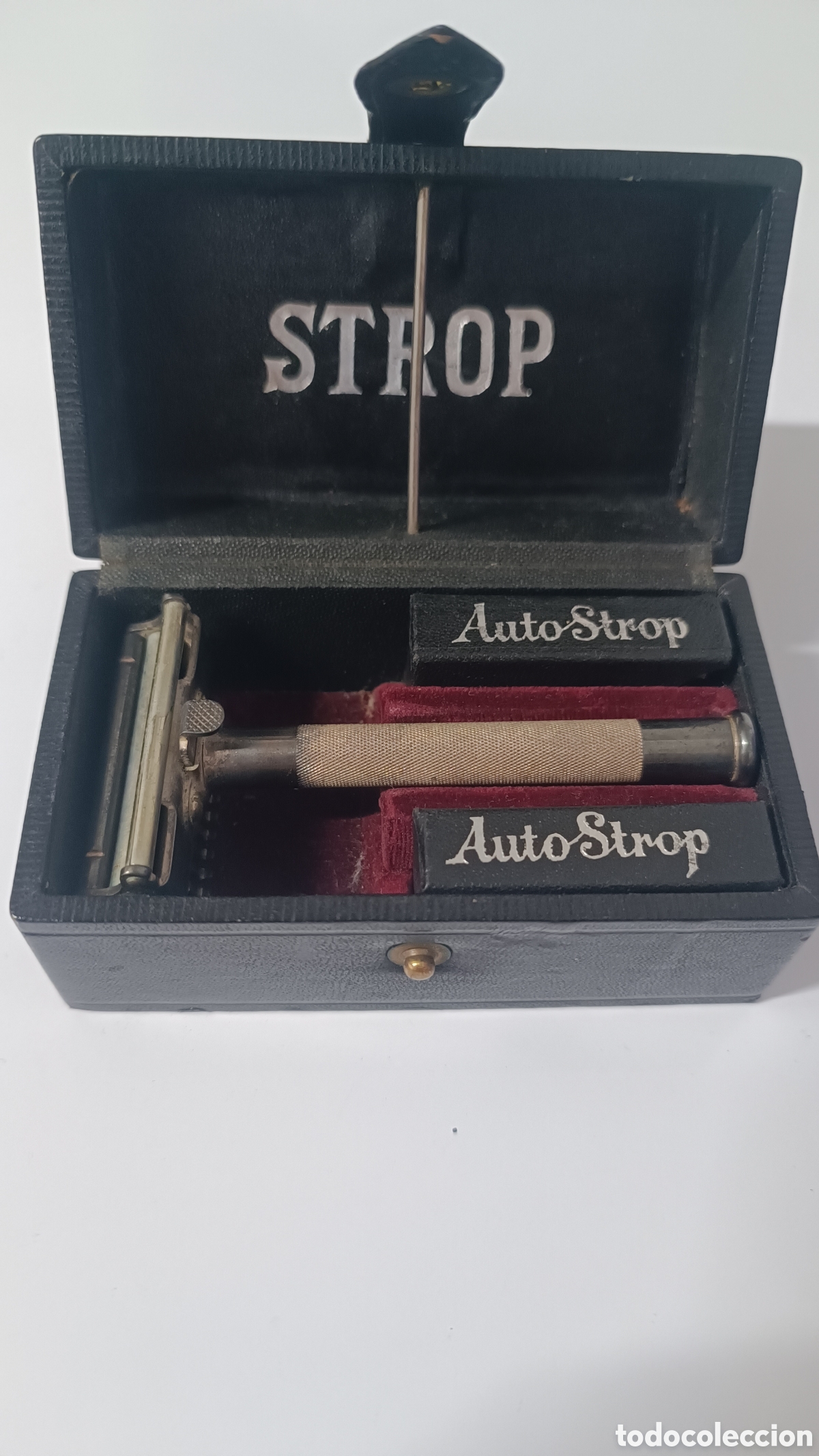 Antig&uuml;edades: Antiguo Set de Afeitar Valet Auto Strop con Estuche de Lujo en Terciopelo Rojo