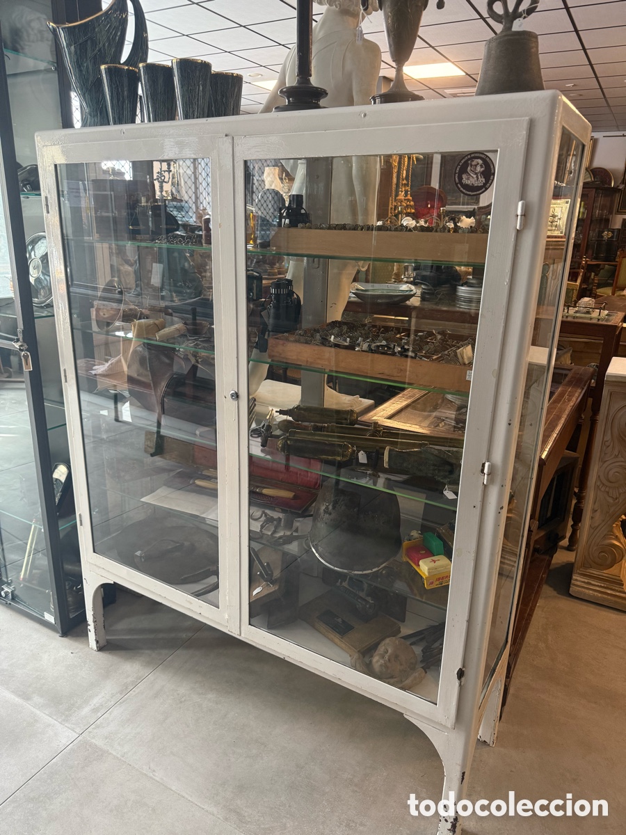 Antig&uuml;edades: Vitrina doble m&eacute;dico en hierro y cristal en las 4 caras. 120x150x35