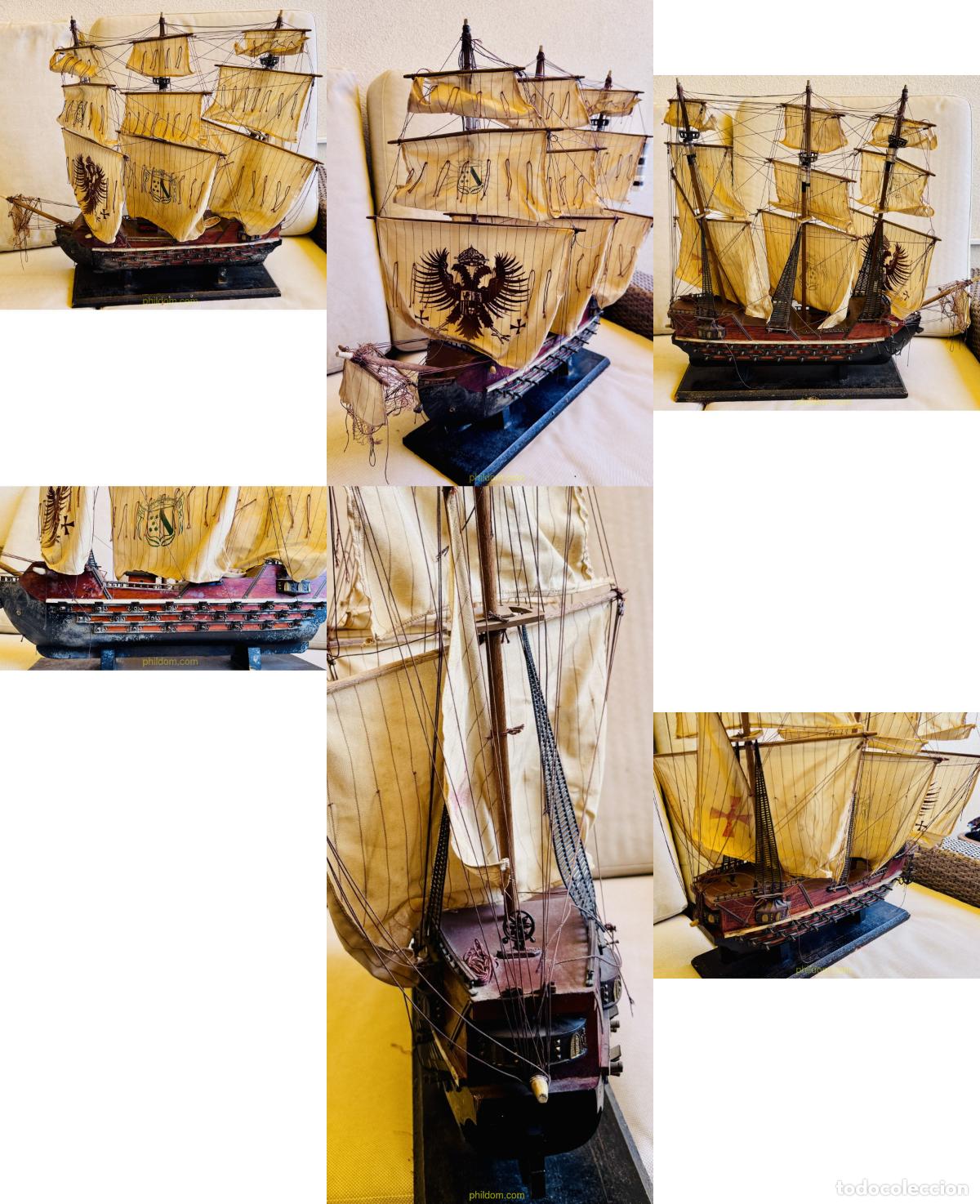 Antig&uuml;edades: BONITO BARCO DE MADERA, MAQUETA MONTADA A MANO, 62x61cm APROX.