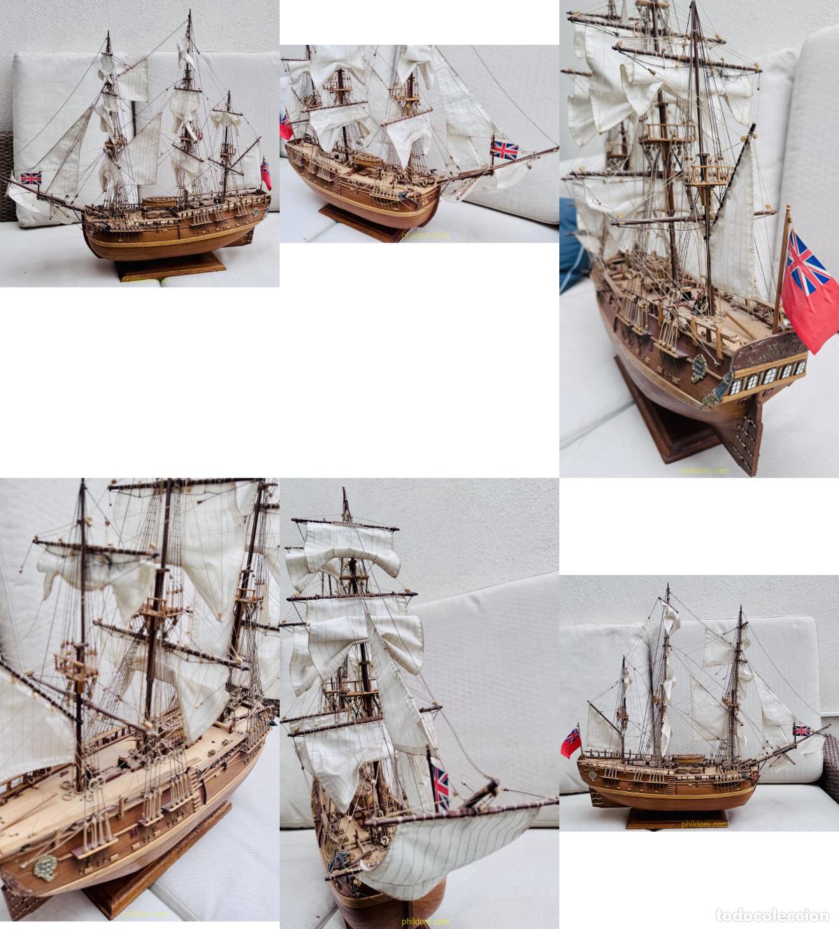 Antig&uuml;edades: BONITO BARCO DE MADERA, MAQUETA MONTADA A MANO, 70x75cm APROX.