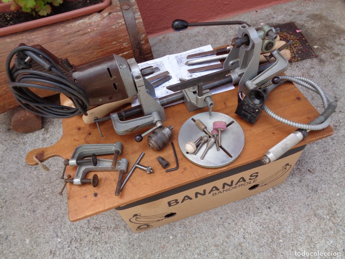 Antig&uuml;edades: TORNO PEQUE&Ntilde;O para la MADERA, con JUEGO de GUBIAS y Formon, ANTIGUO ALEMAN-DDR.